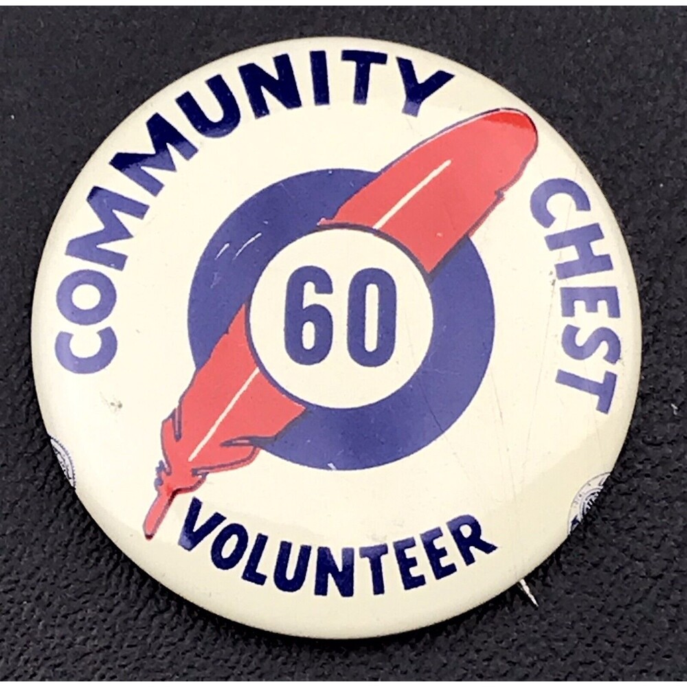 Community Chest Pin Button Pinback 60 Volunteer Feather Union Made USA
